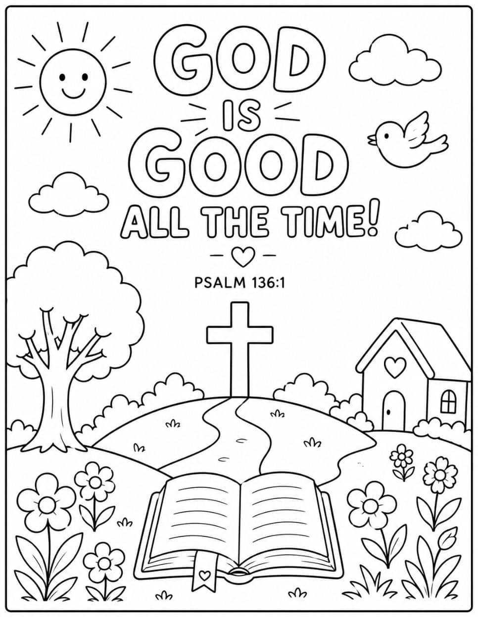 21 Free Christian-Themed Coloring Pages 19 God Is Good All The Time coloring page with a cross on a hill, church, and open Bible