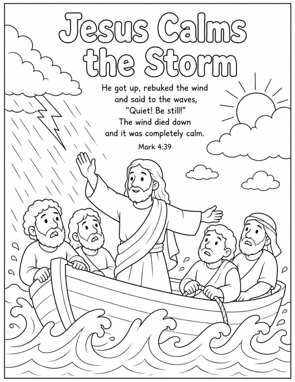 21 Free Christian-Themed Coloring Pages 20 Jesus Calms the Storm coloring page with Jesus and disciples in a boat on rough waves