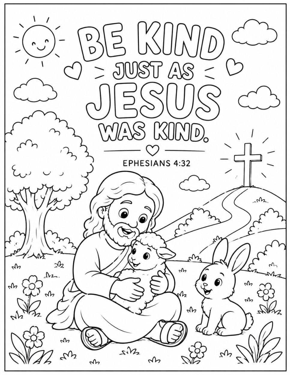 21 Free Christian-Themed Coloring Pages 21 Be Kind Just As Jesus Was Kind coloring page with Jesus holding a lamb beside a rabbit