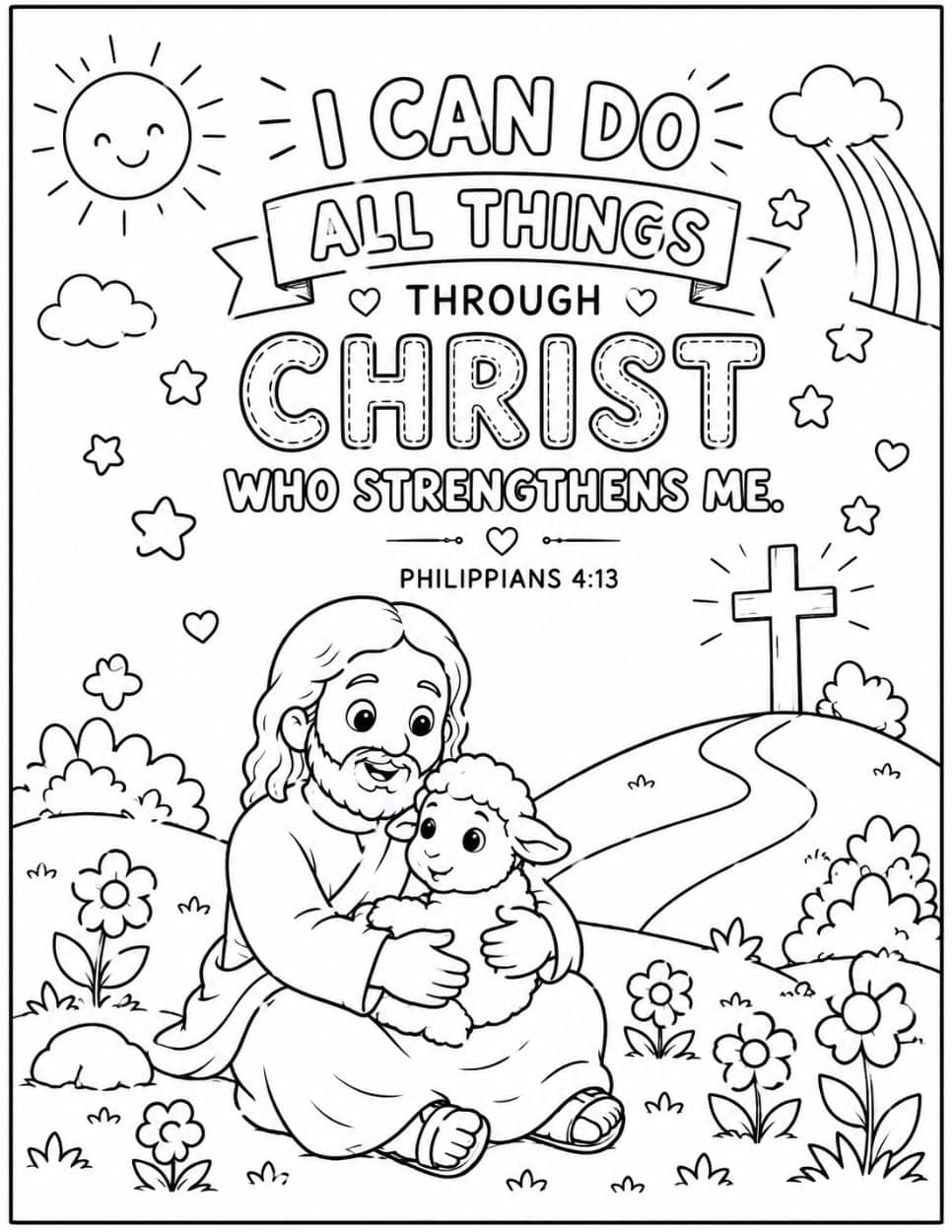 21 Free Christian-Themed Coloring Pages 22 I Can Do All Things Through Christ coloring page with Jesus holding a lamb under a rainbow