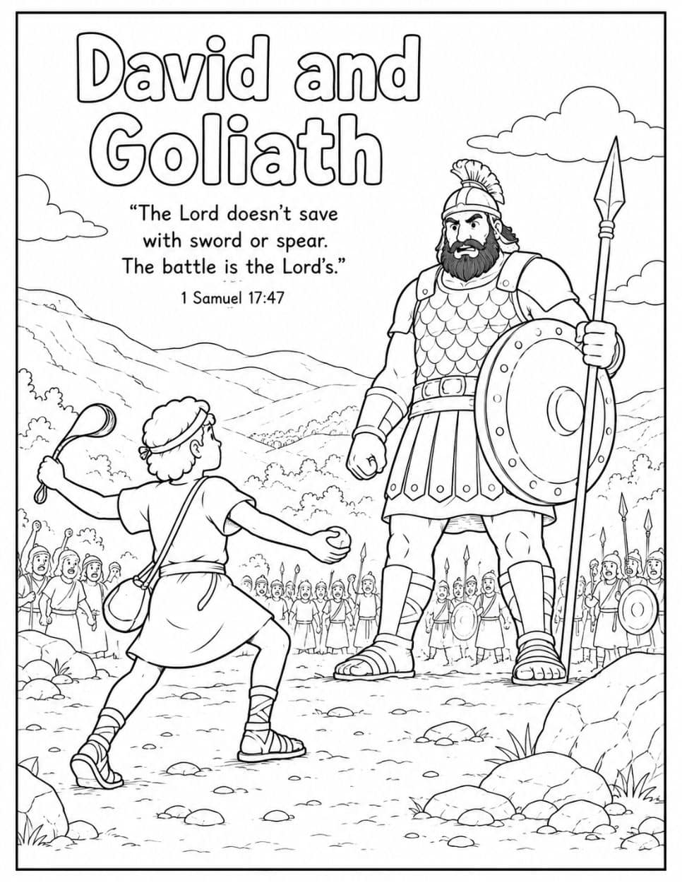 21 Free Christian-Themed Coloring Pages 23 David and Goliath coloring page with two armies watching the sling shot