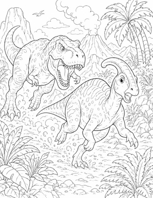 Free Dinosaur Coloring Pages 3 Coloring page of a T. rex chasing a Parasaurolophus past an erupting volcano