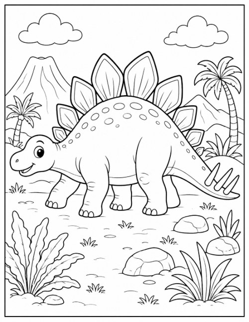 Free Dinosaur Coloring Pages 4 Cartoon Stegosaurus coloring page with palm trees and a volcano