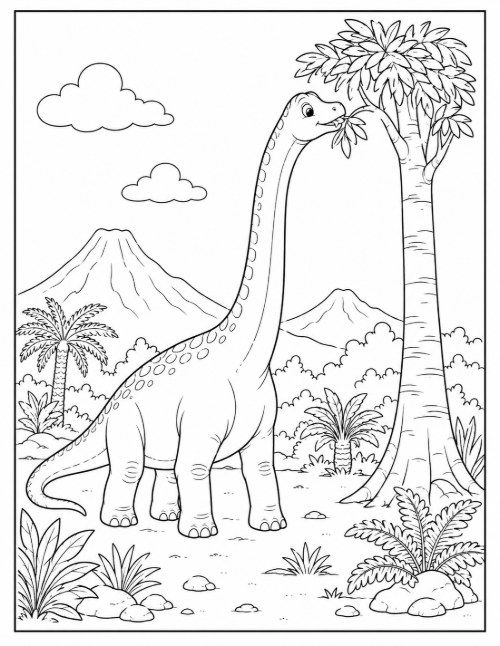 Free Dinosaur Coloring Pages 6 Brachiosaurus coloring page reaching up to eat leaves from a tall tree