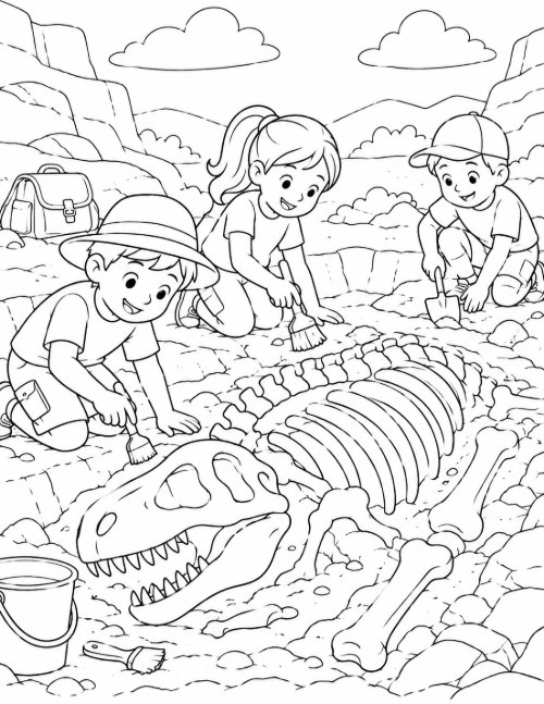 Free Dinosaur Coloring Pages 7 Coloring page of three children excavating a dinosaur skeleton at a fossil dig