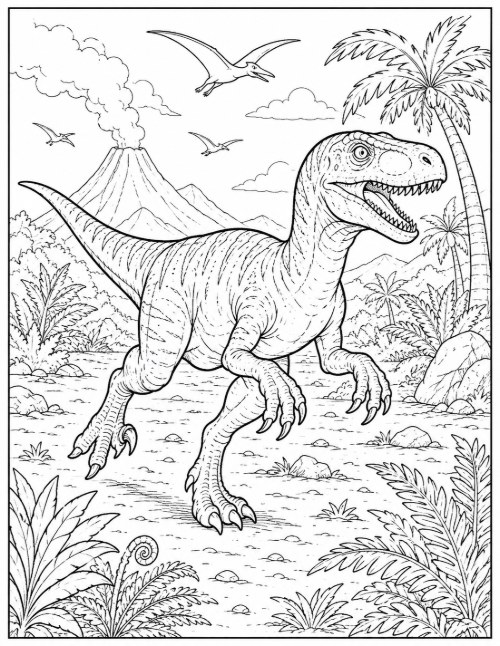 Free Dinosaur Coloring Pages 8 Velociraptor coloring page running with pterosaurs overhead