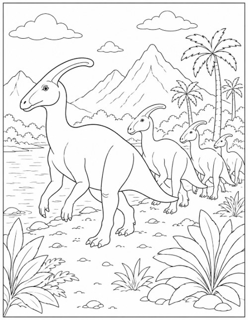 Free Dinosaur Coloring Pages 9 Coloring page of a herd of Parasaurolophus walking beside a lake
