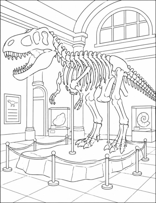 Free Dinosaur Coloring Pages 10 Coloring page of a T. rex skeleton mounted in a museum hall