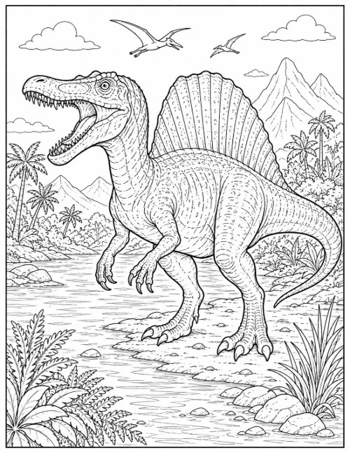 Free Dinosaur Coloring Pages 11 Spinosaurus coloring page with a tall back sail beside a river