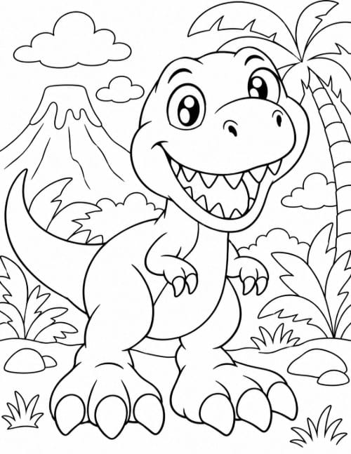 Free Dinosaur Coloring Pages 12 Cute cartoon baby T. rex coloring page with big eyes and a wide smile
