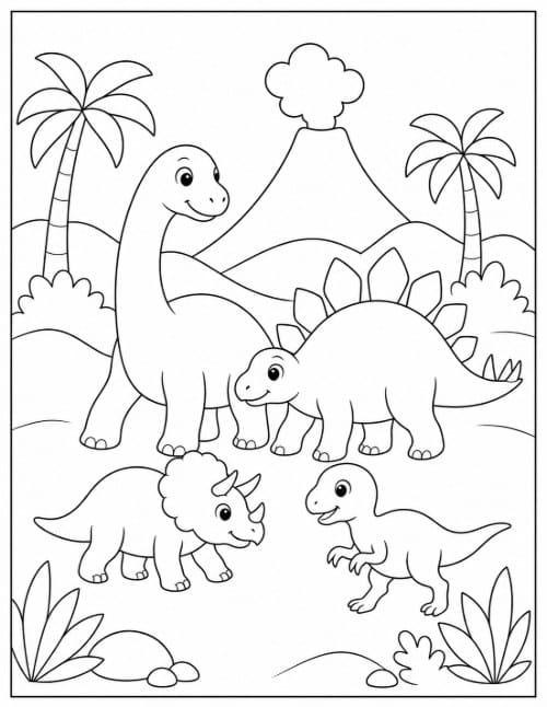 Free Dinosaur Coloring Pages 13 Coloring page with four cartoon dinosaurs together in a valley