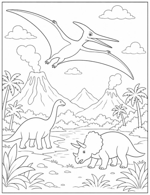 Free Dinosaur Coloring Pages 14 Pteranodon coloring page gliding over a valley with dinosaurs below