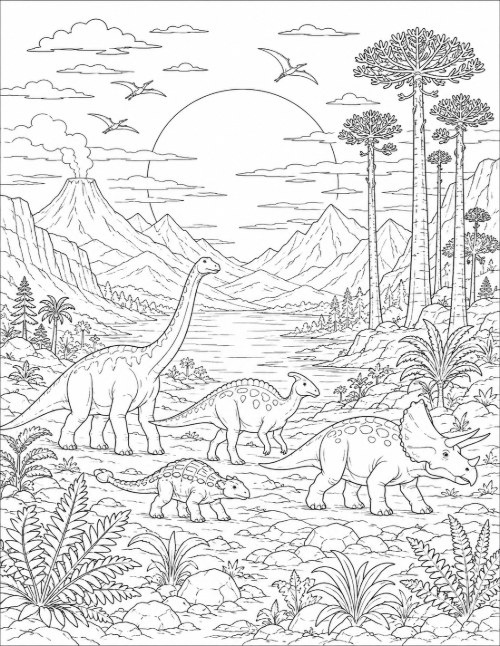 Free Dinosaur Coloring Pages 15 Detailed prehistoric landscape coloring page with dinosaurs at sunset