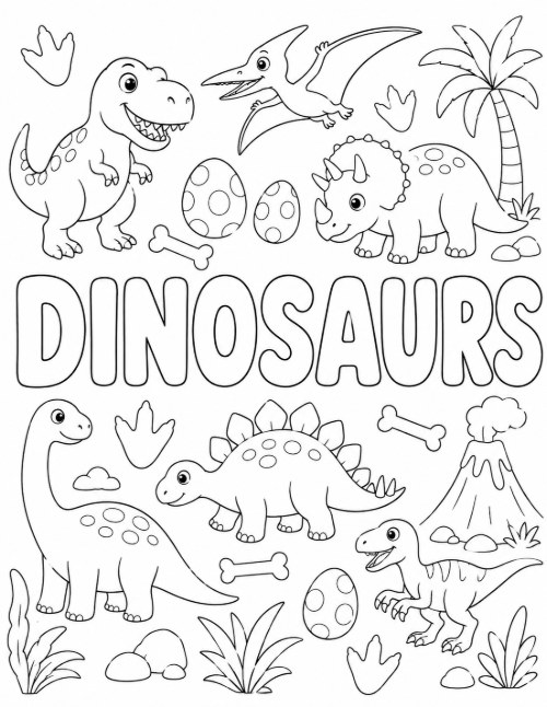 Free Dinosaur Coloring Pages 16 Dinosaurs lettering coloring page surrounded by dinos, eggs, and footprints