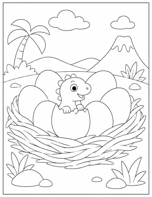 Free Dinosaur Coloring Pages 18 Coloring page of a baby dinosaur peeking out of a nest of eggs