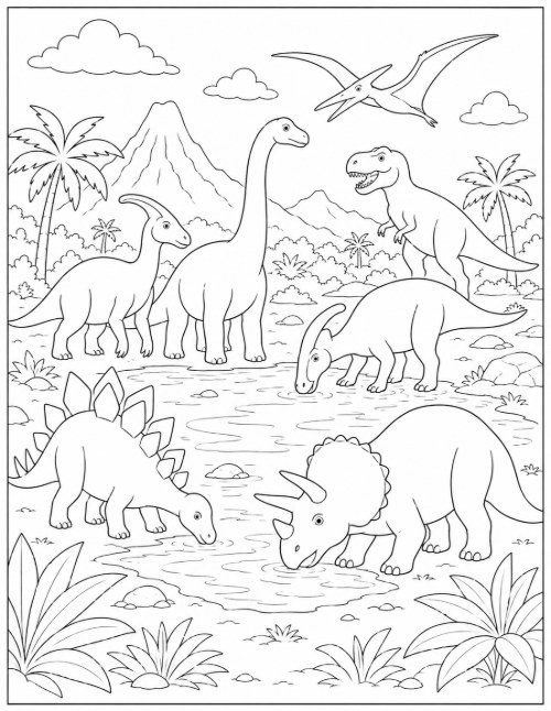 Free Dinosaur Coloring Pages 19 Coloring page of six dinosaurs drinking at a watering hole