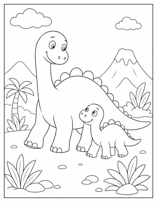 Free Dinosaur Coloring Pages 20 Coloring page of a mother long-neck dinosaur walking with her baby