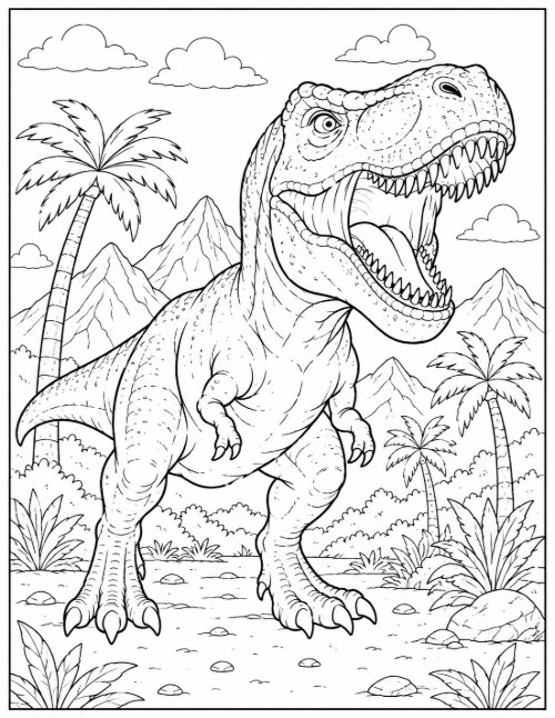 Free Dinosaur Coloring Pages 21 Detailed roaring T. rex coloring page with palm trees and mountains