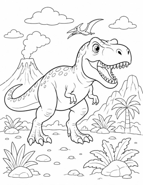 Free Dinosaur Coloring Pages 22 Cartoon T. rex coloring page with spots, a volcano, and a pteranodon overhead