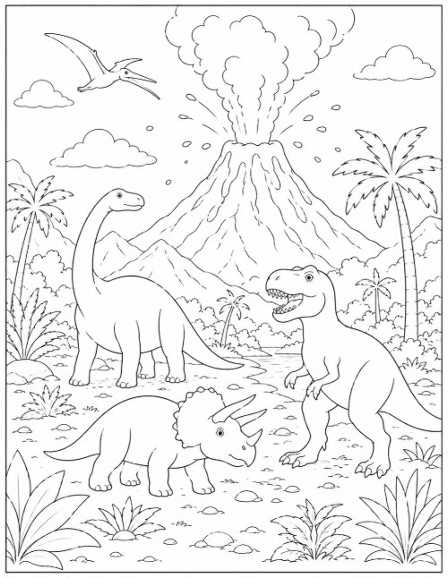 Free Dinosaur Coloring Pages 23 Coloring page of an erupting volcano with three dinosaurs in the foreground