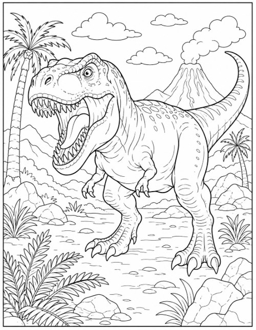 Free Dinosaur Coloring Pages 24 T. rex coloring page mid-stride with a smoking volcano behind