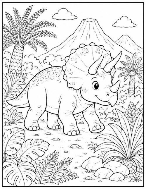 Free Dinosaur Coloring Pages 25 Triceratops coloring page surrounded by ferns and tropical leaves