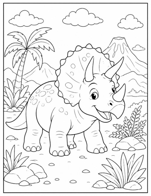 Free Dinosaur Coloring Pages 26 Friendly cartoon Triceratops coloring page with a palm tree and volcano