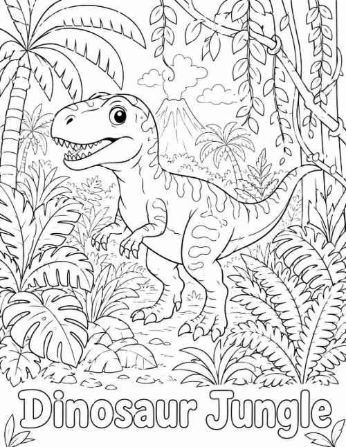 Free Dinosaur Coloring Pages 27 Dinosaur Jungle coloring page with a dinosaur among vines and ferns
