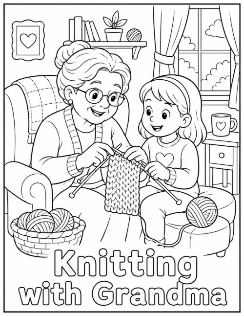 Knitting with Grandma coloring page with yarn baskets and an armchair