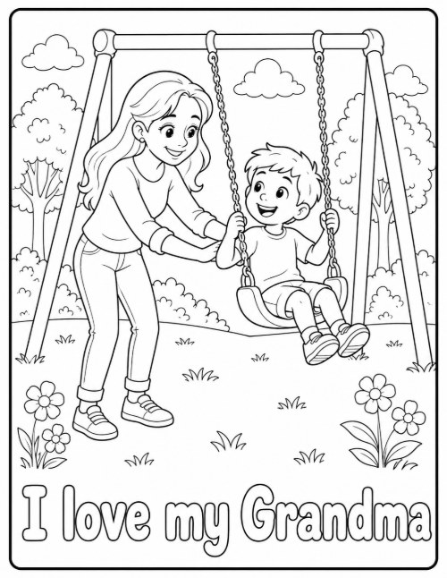 I Love My Grandma coloring page with a boy on a park swing