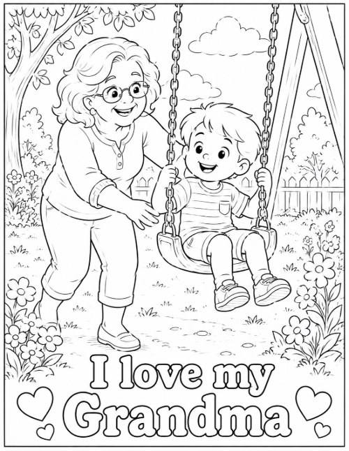 Coloring page of grandma pushing her grandson on a swing under a tree