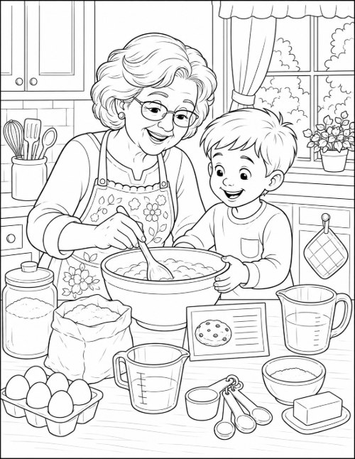 Coloring page of grandma and grandson baking with a mixing bowl and recipe card