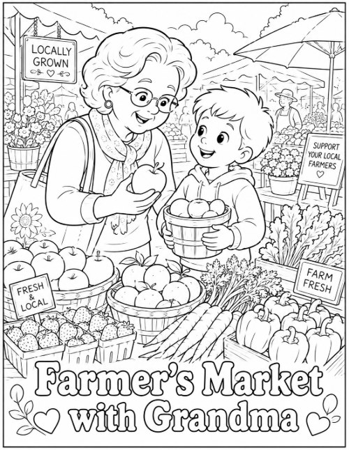 Farmer's Market with Grandma coloring page with apples and produce crates