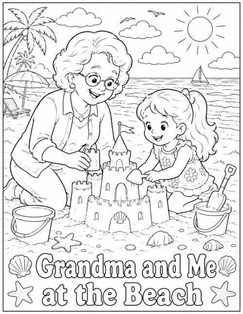 Grandma and Me at the Beach coloring page with a sandcastle and buckets