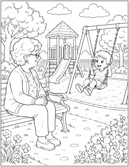 Coloring page of grandma on a park bench watching a child on the swings