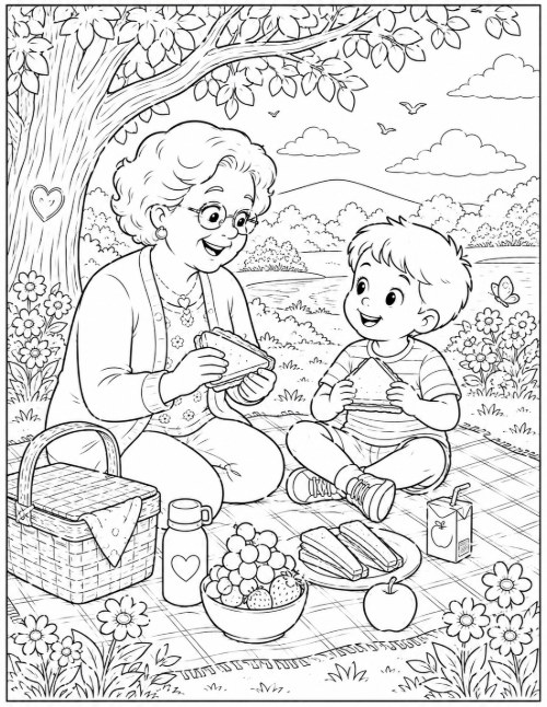 Coloring page of a picnic with grandma under a tree by a lake