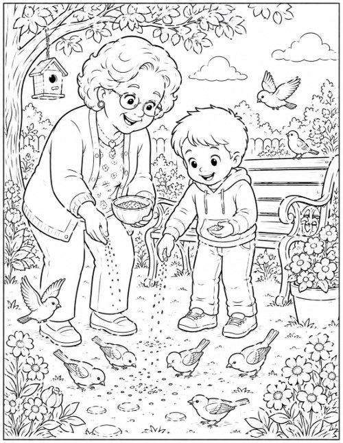 Coloring page of grandma and grandson feeding birds in the garden