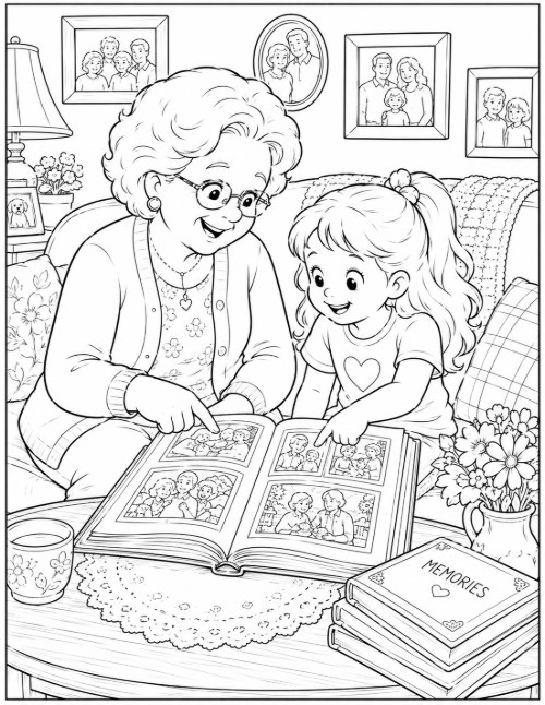 Coloring page of grandma and granddaughter looking through a photo album