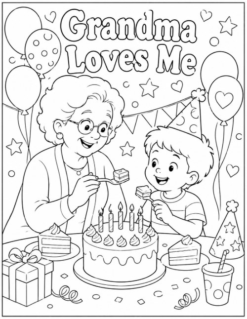 Grandma Loves Me birthday coloring page with cake, candles, and balloons