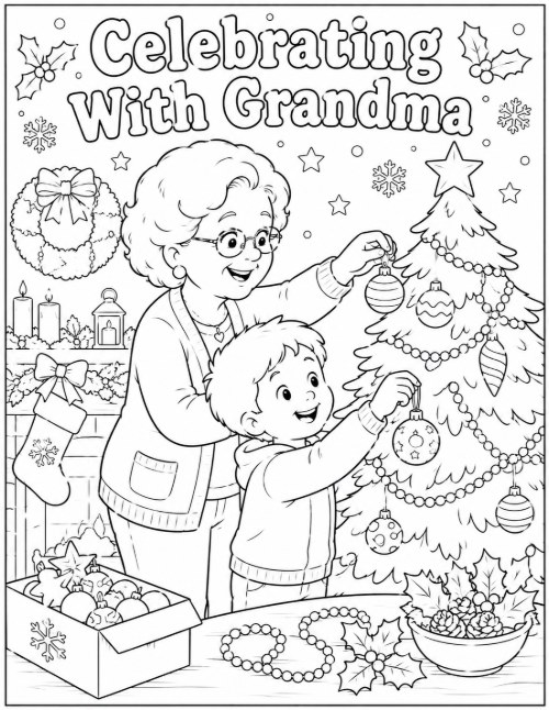 Celebrating With Grandma coloring page with a Christmas tree and stockings