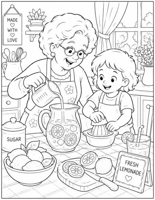Coloring page of making fresh lemonade with grandma in the kitchen