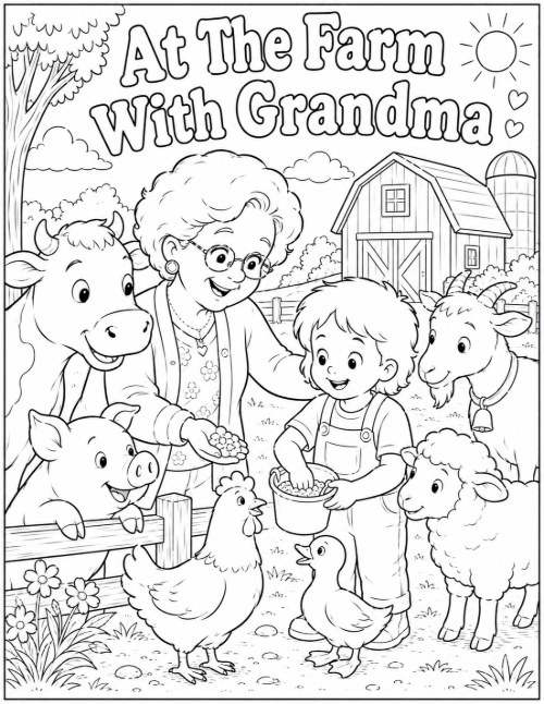 At The Farm With Grandma coloring page with a cow, pigs, goat, and sheep