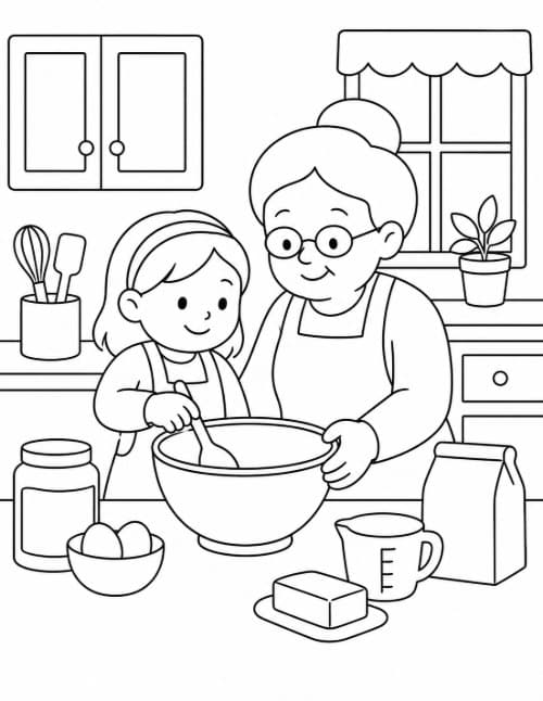 Simple coloring page of grandma and granddaughter stirring a mixing bowl