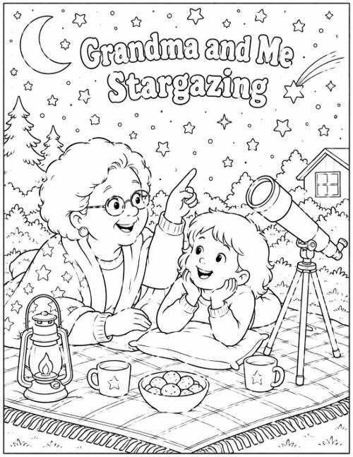 Grandma and Me Stargazing coloring page with a telescope and night sky
