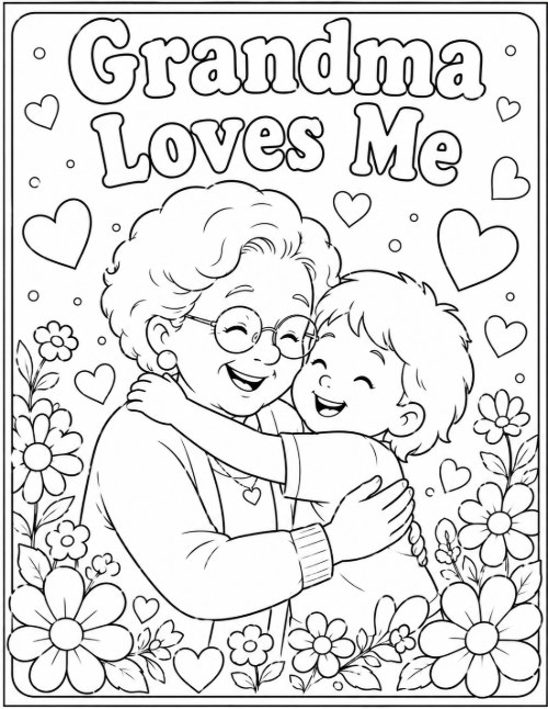 Grandma Loves Me coloring page with a big hug surrounded by flowers and hearts
