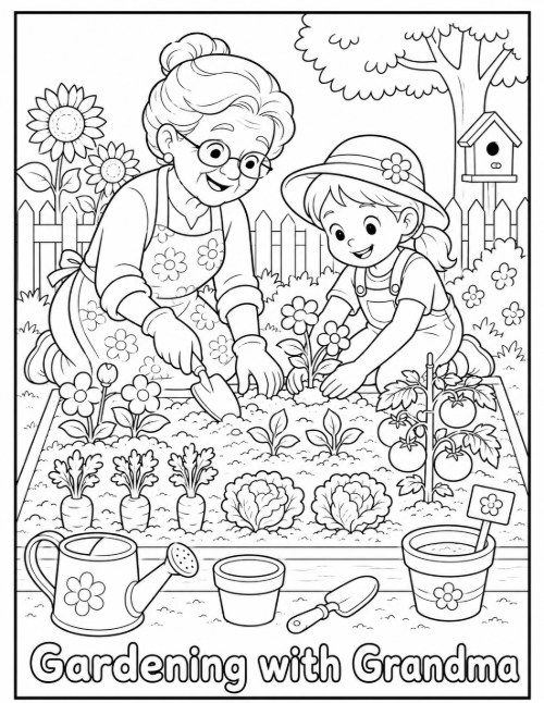 Gardening with Grandma coloring page with flowers, carrots, and a watering can
