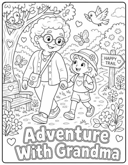 Adventure With Grandma coloring page walking a nature trail