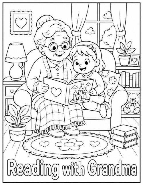 Reading with Grandma coloring page in an armchair with a storybook