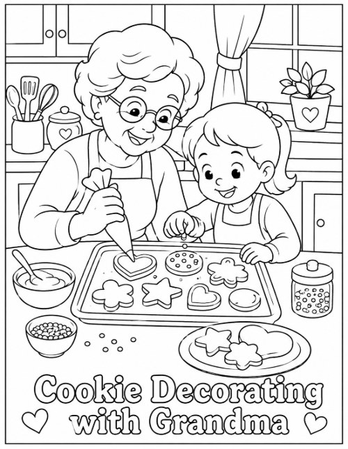 Cookie Decorating with Grandma coloring page with iced cookies and sprinkles
