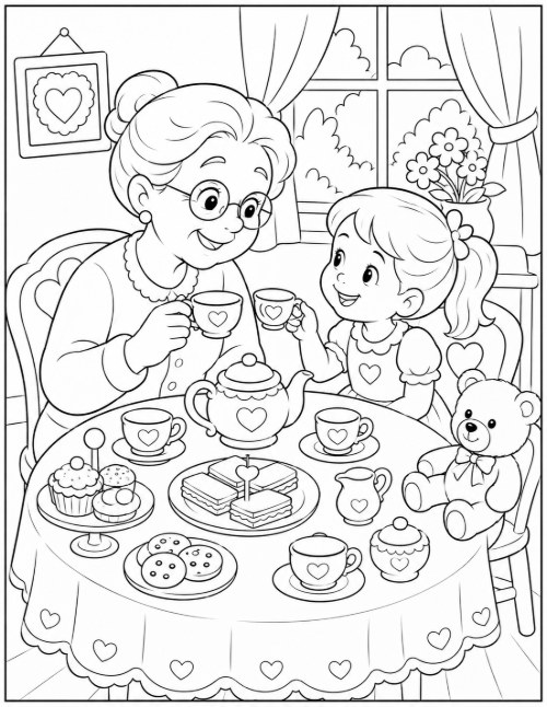 Coloring page of a tea party with grandma, teapot, cupcakes, and teddy bear